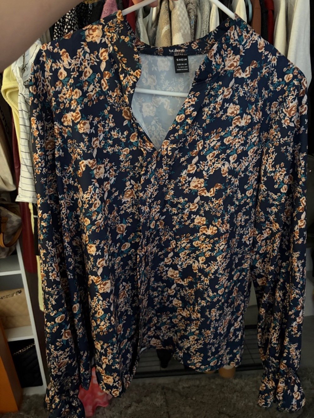SHEIN Navy Floral V-Neck Long Sleeve Top with Tan Blooms